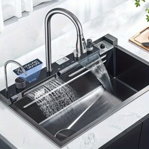 Évier de Cuisine Inox Nano — Écran Digital & Robinet Cascade